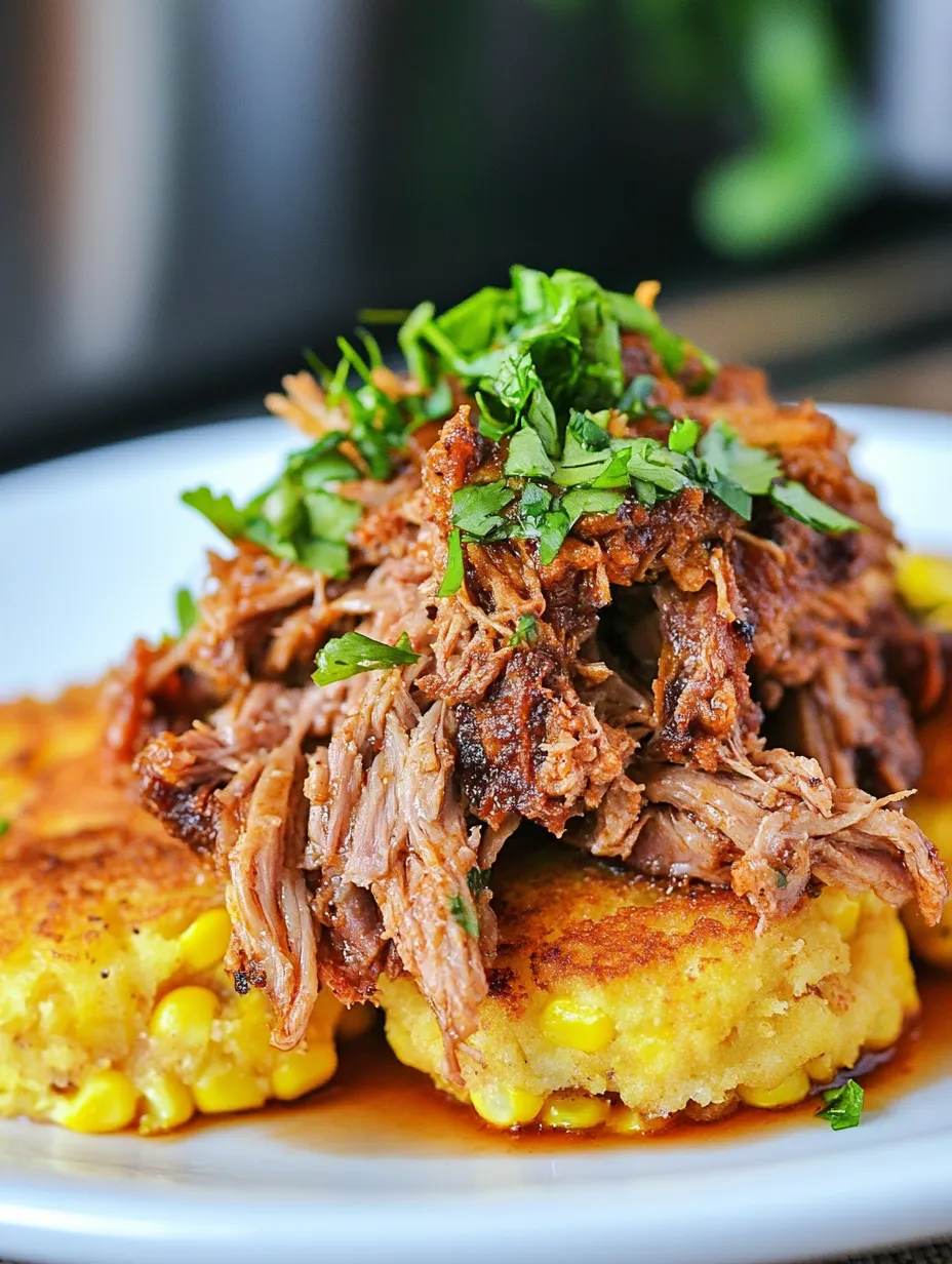 A plate of food with a meat dish on top of a corn cob.