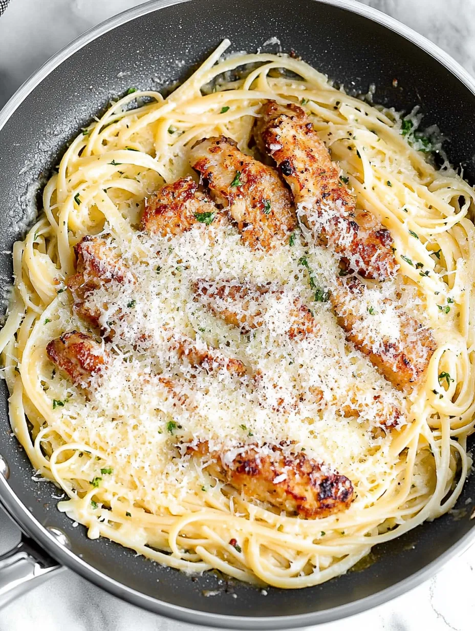 A plate of spaghetti with chicken and cheese on top.