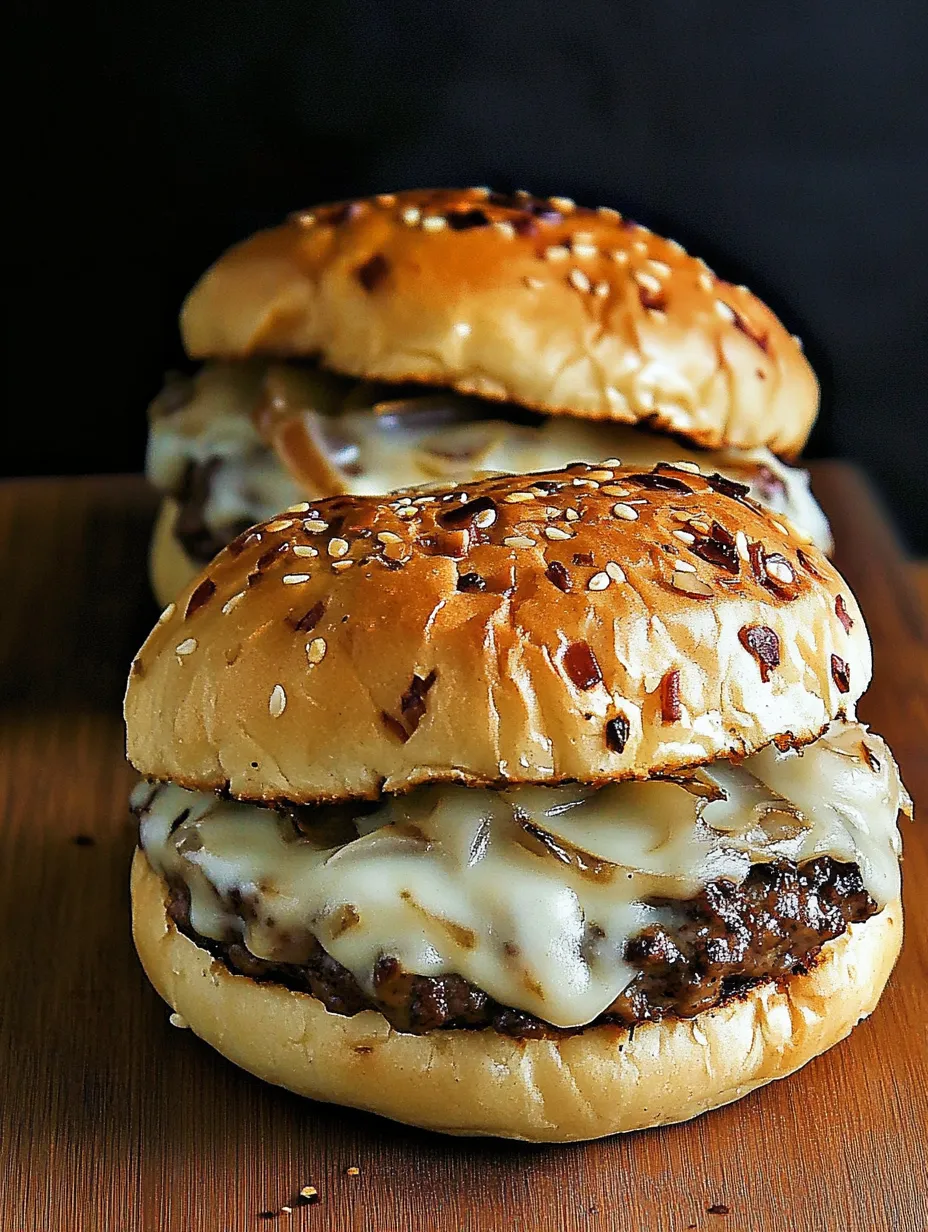 Two cheeseburgers with onions on a wooden table.