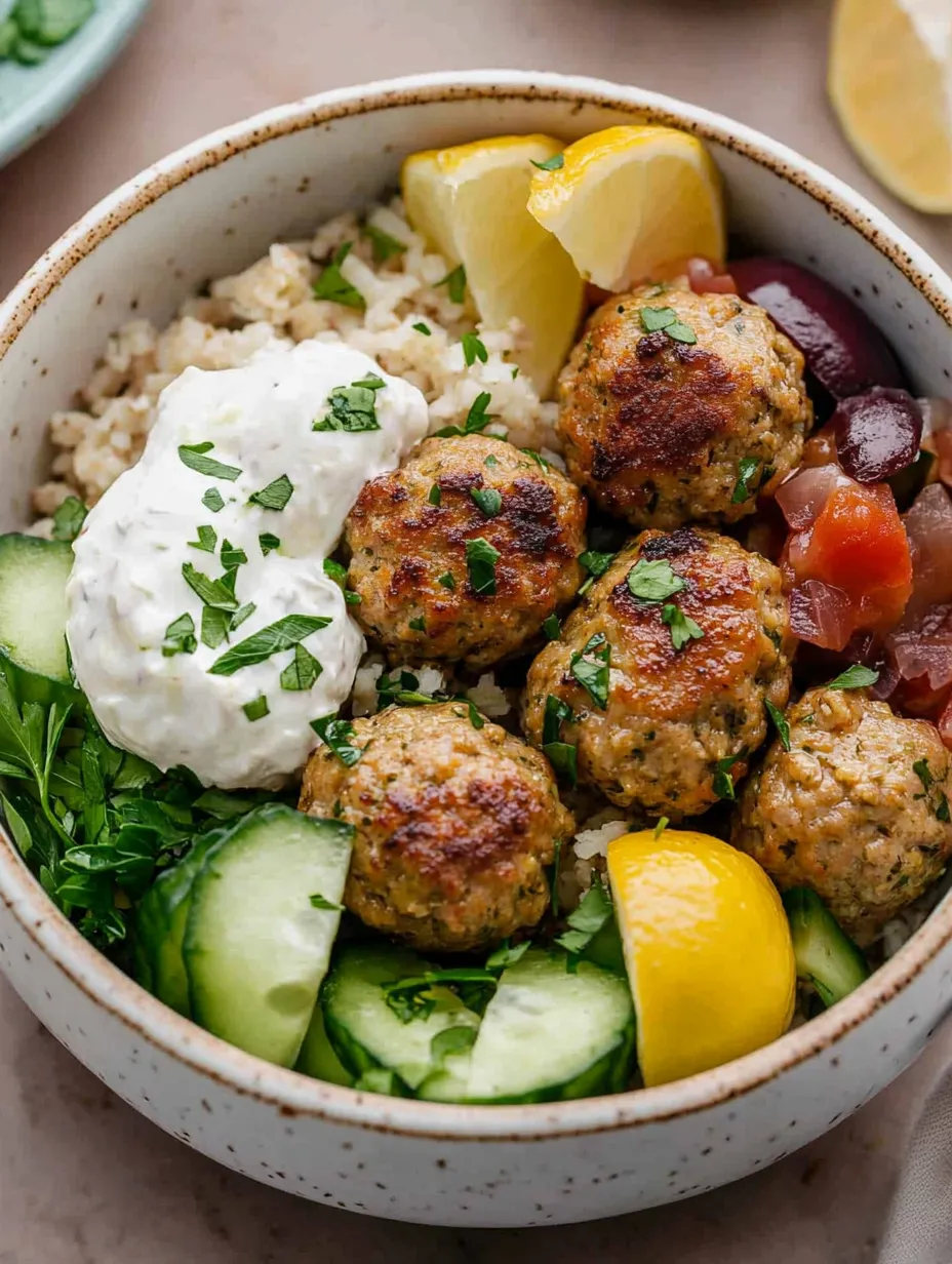 A bowl of food with rice, meatballs, and vegetables.
