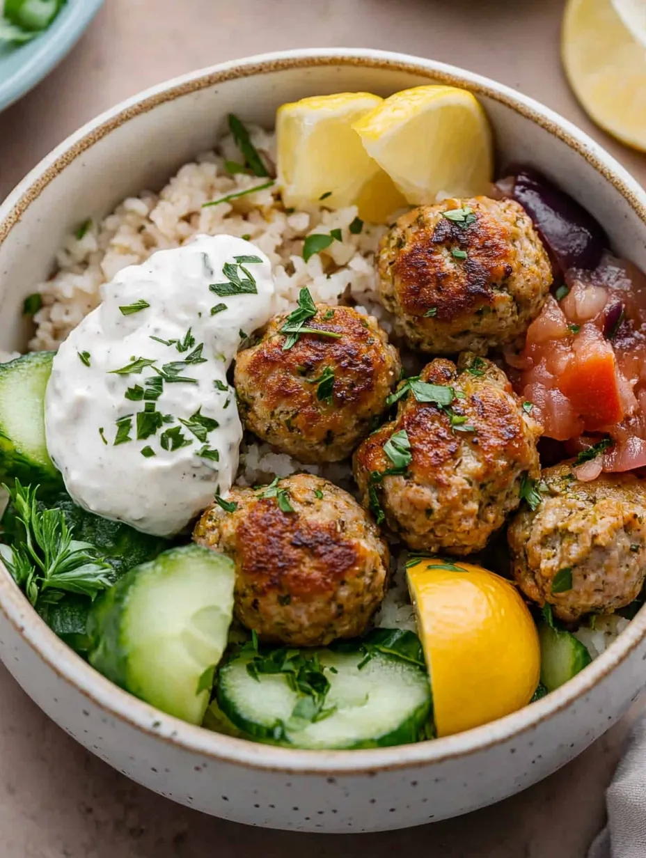 A bowl of food with meatballs, rice, and vegetables.
