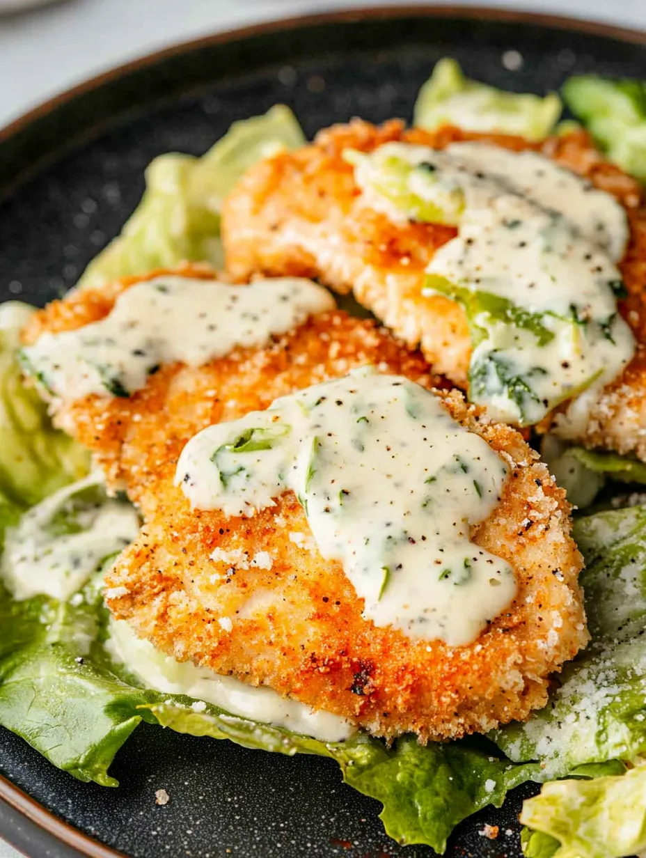 A plate of chicken with sauce and lettuce.