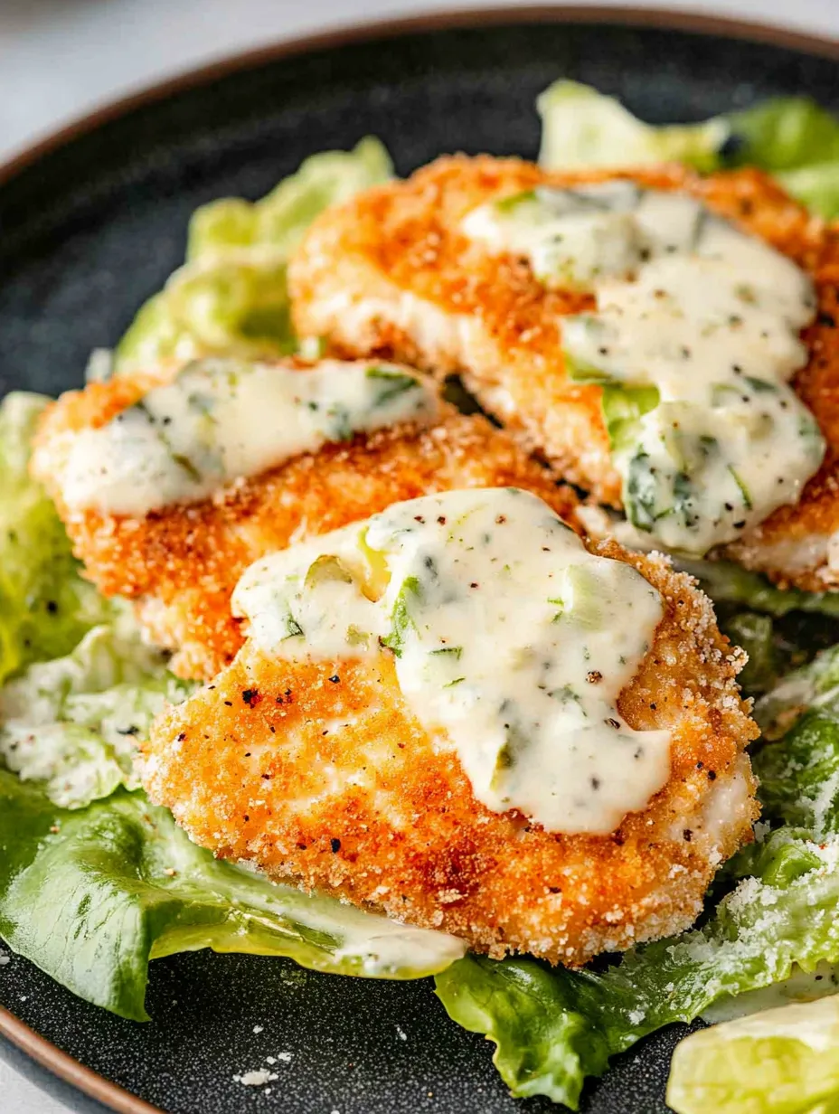 A plate of breaded chicken with sauce and lettuce.