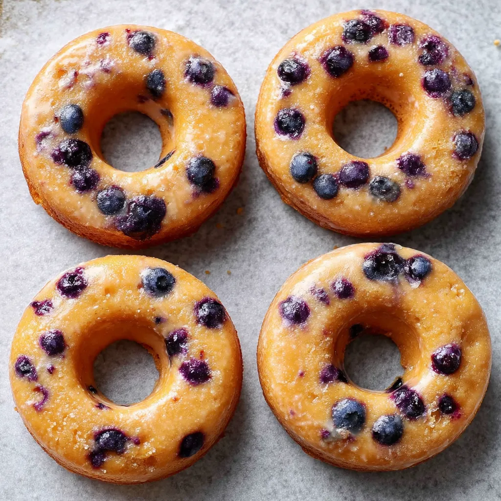 A trio of donuts topped with fresh blueberries.