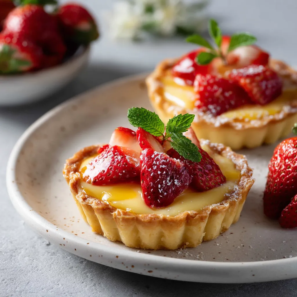 Honey Custard Tarts Topped with Lemon and Strawberries