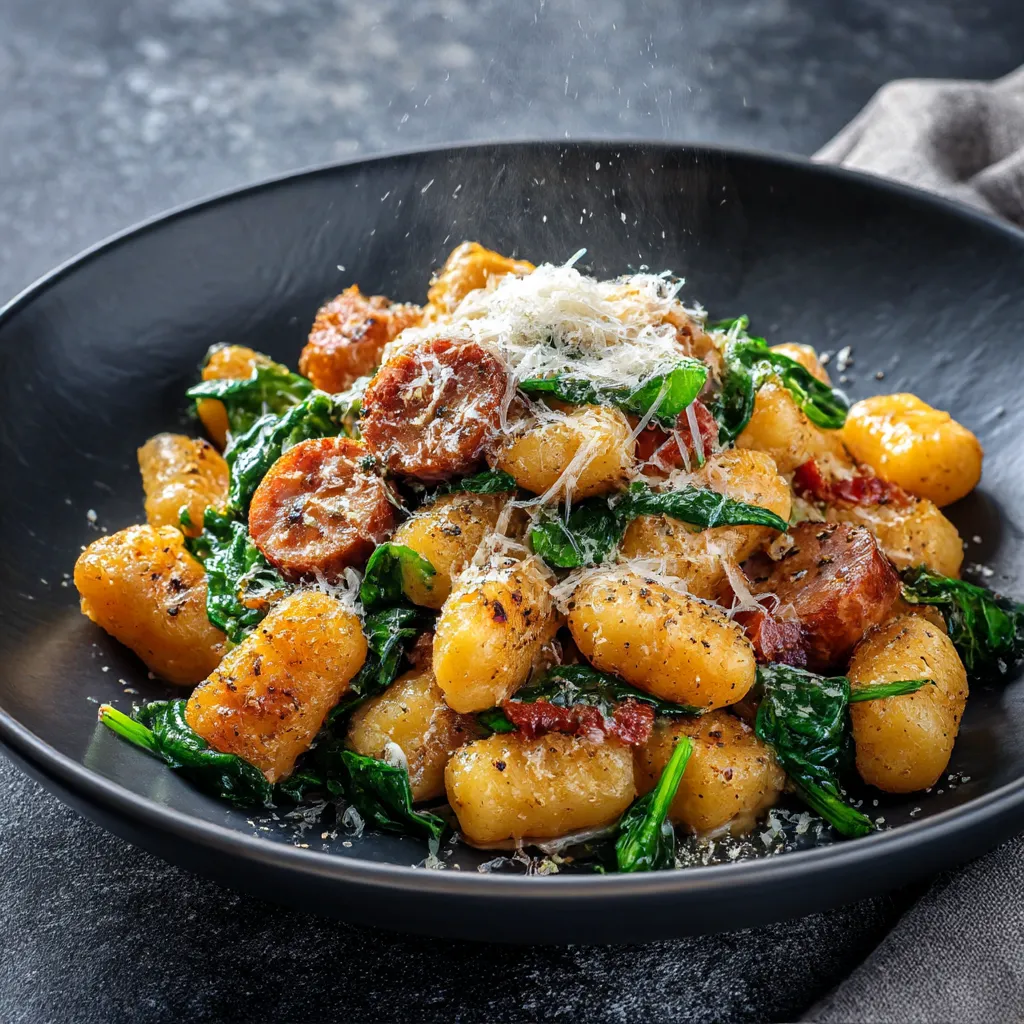 Crispy gnocchi skillet with spinach and sausage