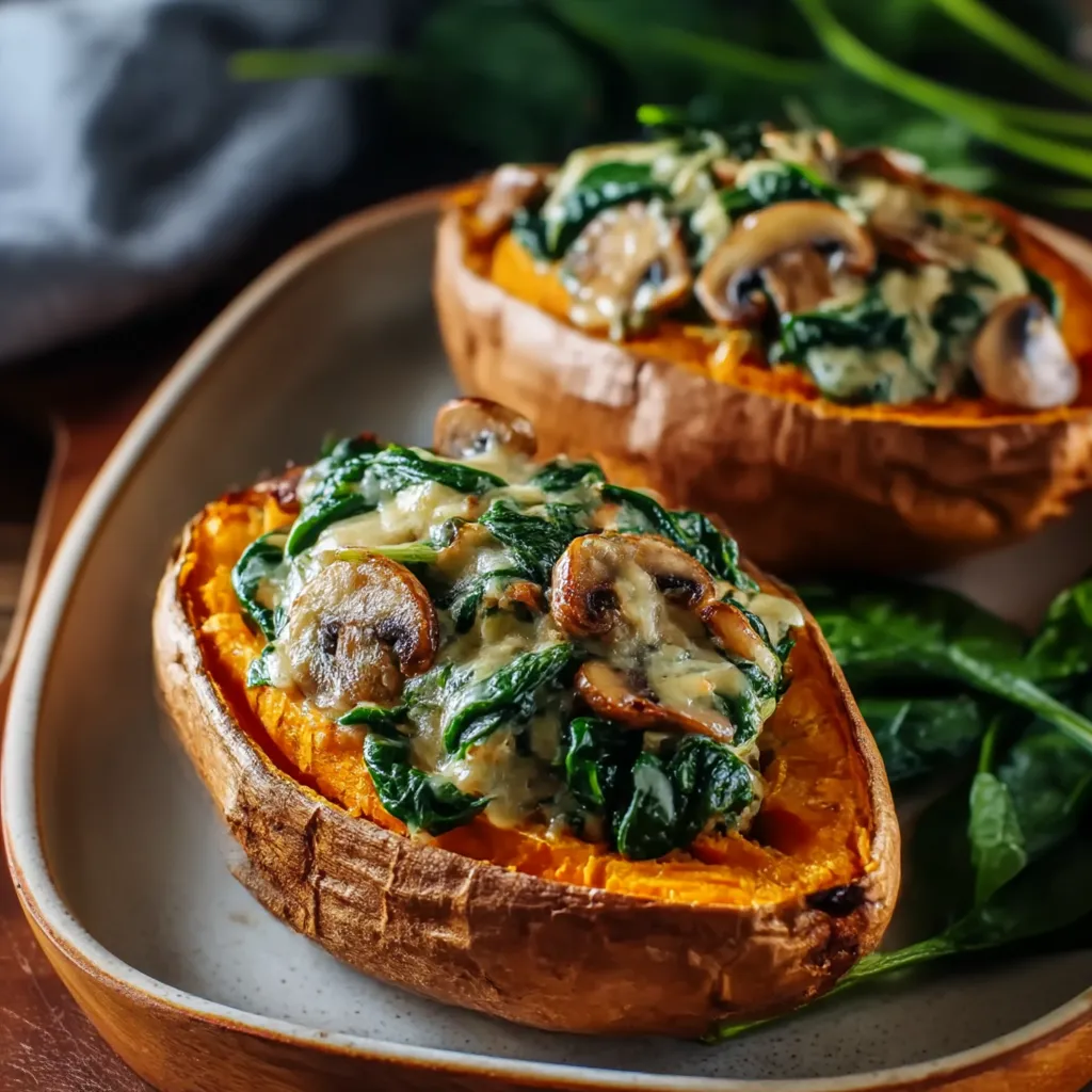 Mushroom and Spinach Filled Sweet Potatoes