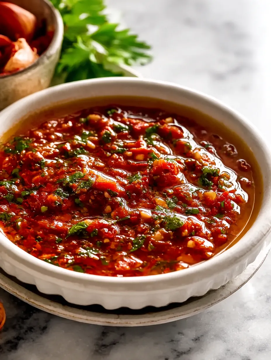 A bowl of red sauce with green herbs.