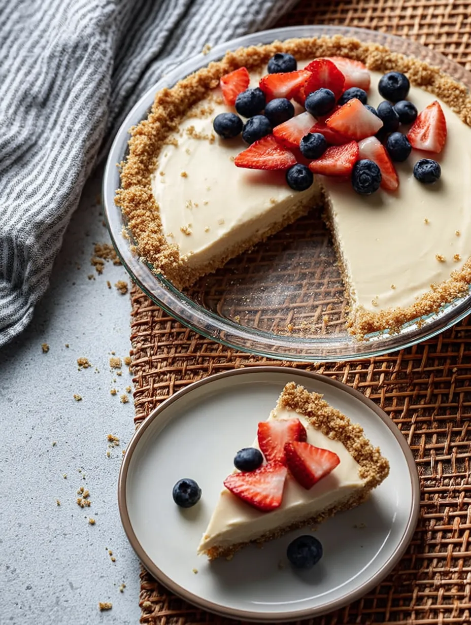 A slice of cheesecake with strawberries and blueberries on top.