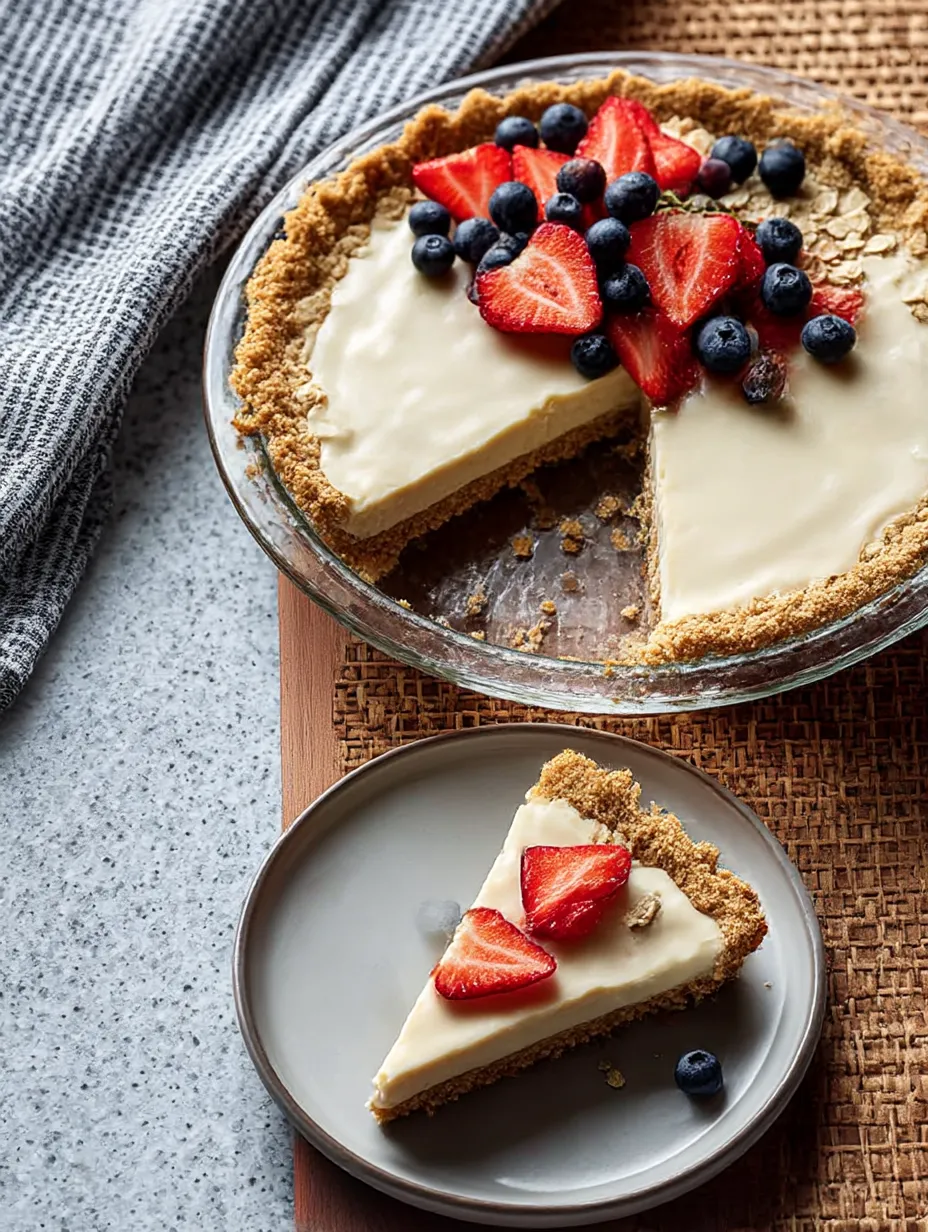 A slice of cake with strawberries and blueberries on top.