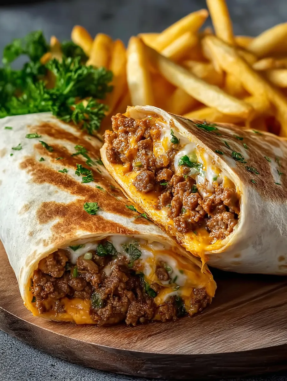 A burrito with meat and cheese on a wooden table.