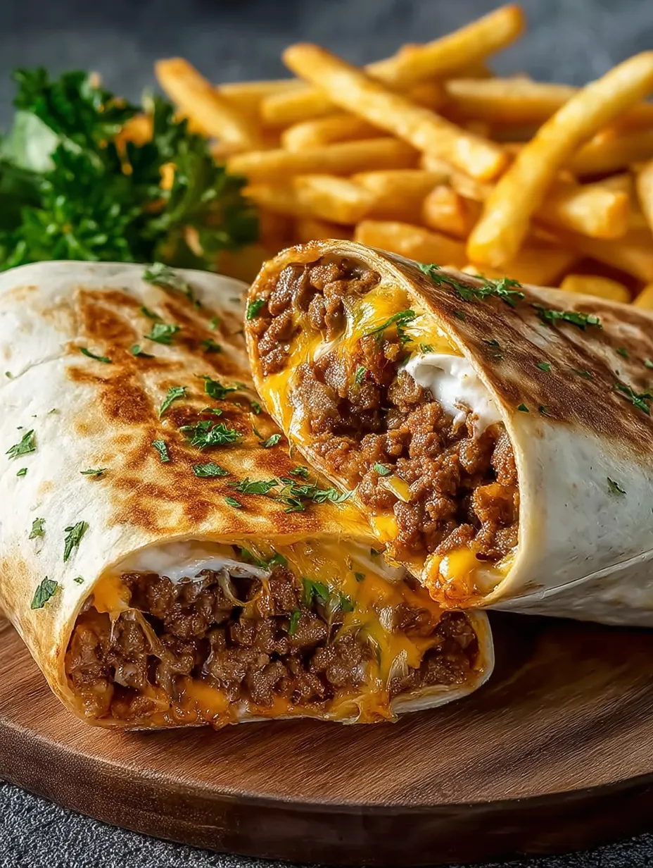 A burrito with cheese and meat on a wooden table.