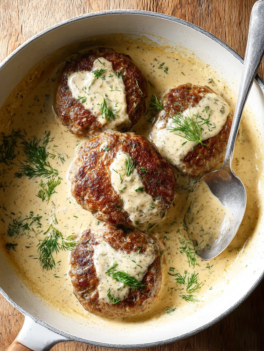 A tasty serving of Beef Patties with Creamy Dill Sauce.