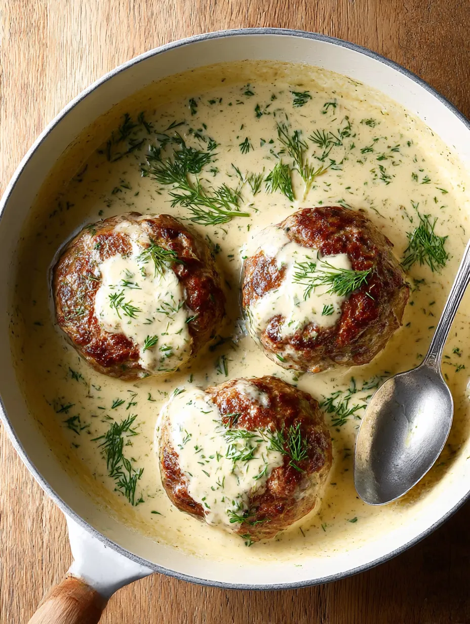 Delicious Beef Patties swimming in Creamy Dill Sauce.