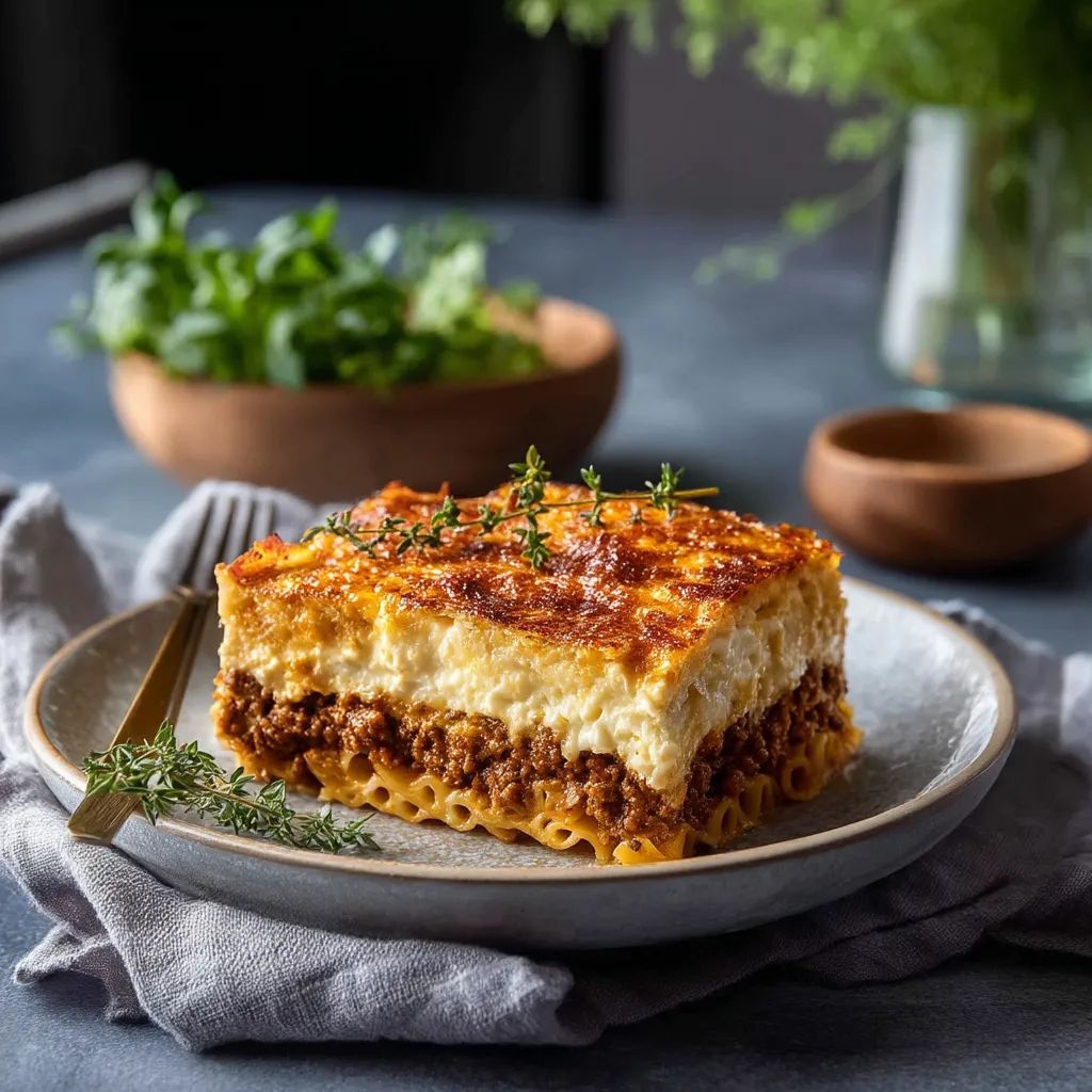 Pastitsio Dish Layers with Creamy Béchamel and Spiced Meat