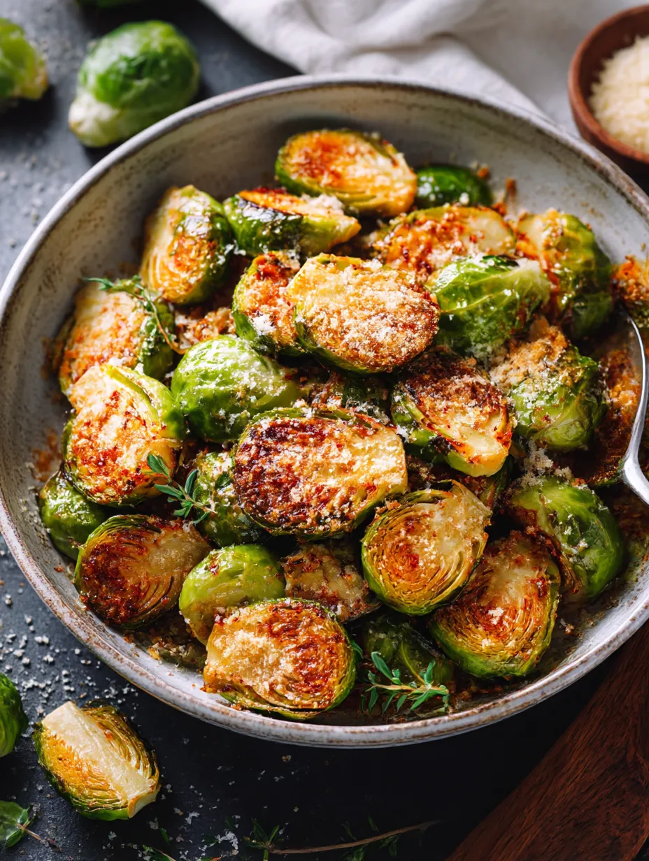 A bowl of Garlic Parmesan Roasted Brussels Sprouts.