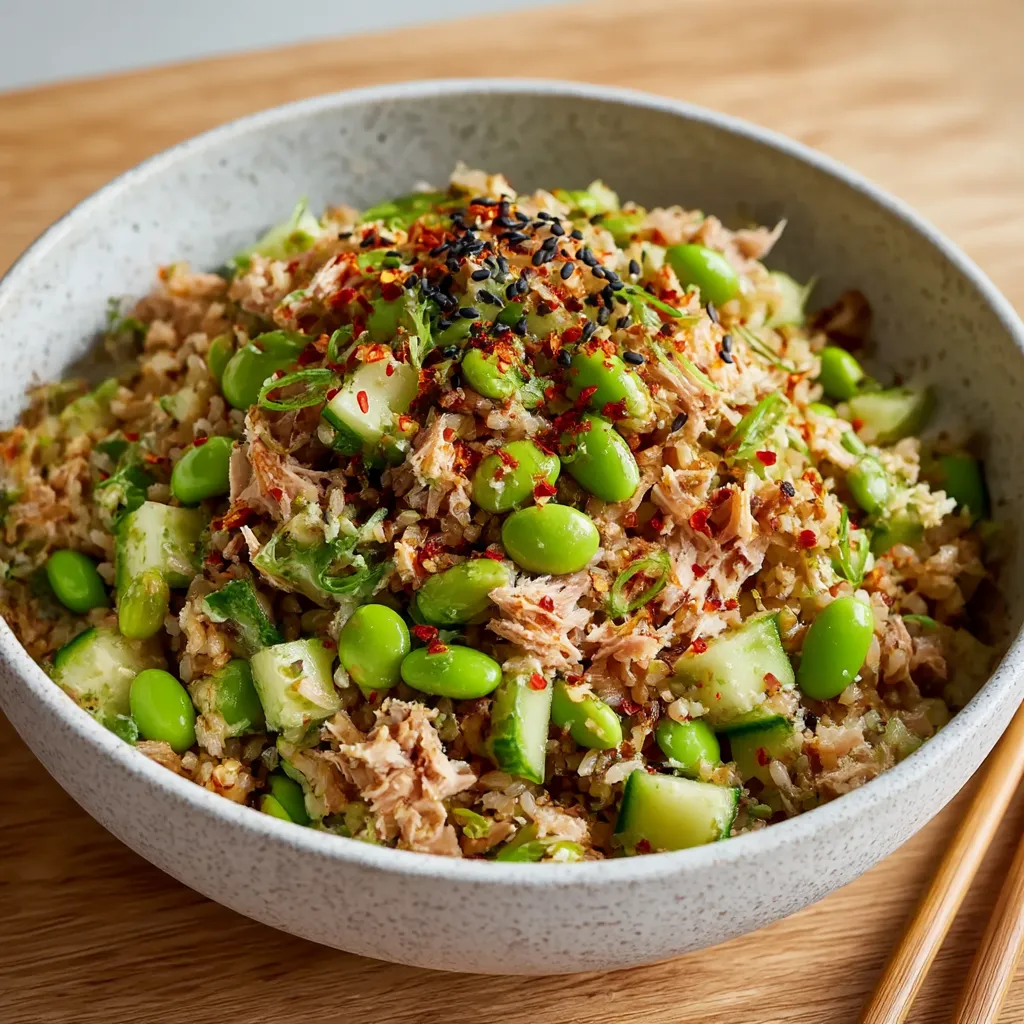 Fresh bowl of crispy rice with tuna and avocado