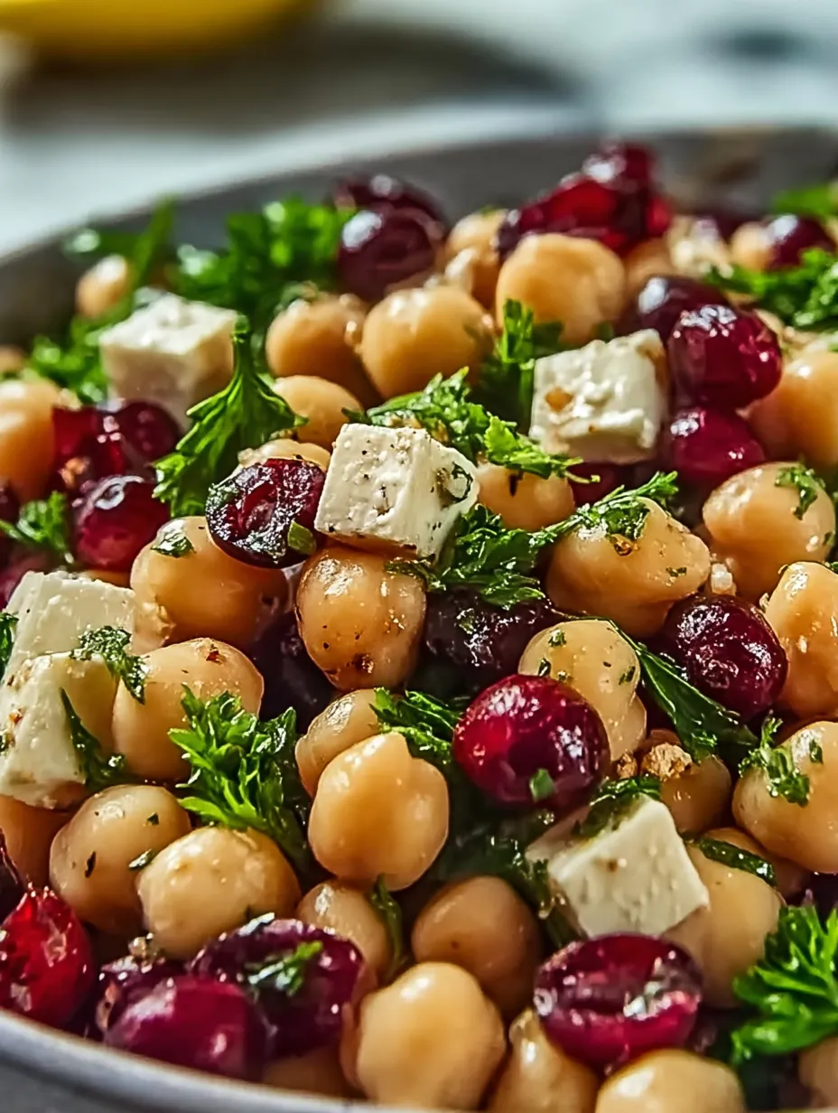 A plate showing Chickpea Cranberry Feta mix.