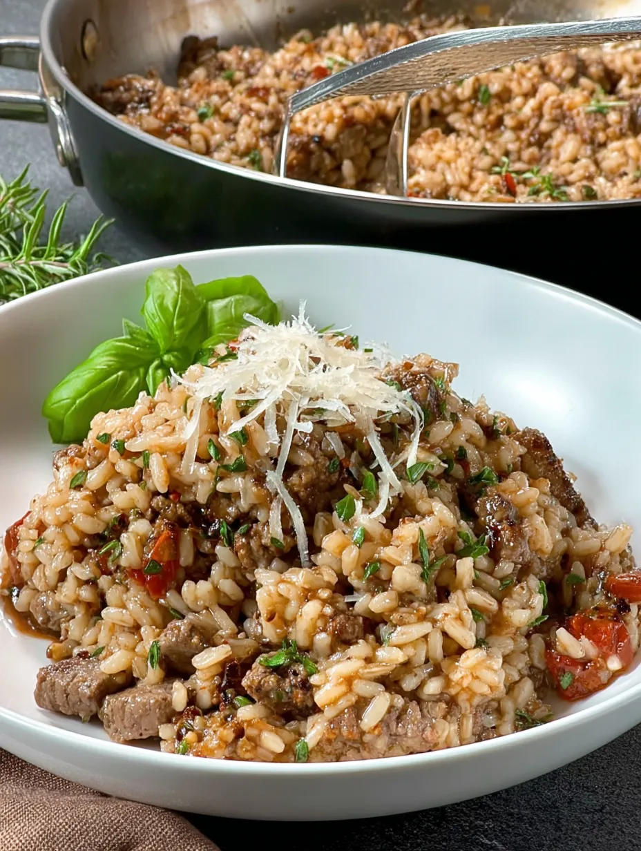 A bowl packed with cheesy beef and rice, topped with a little fresh green.