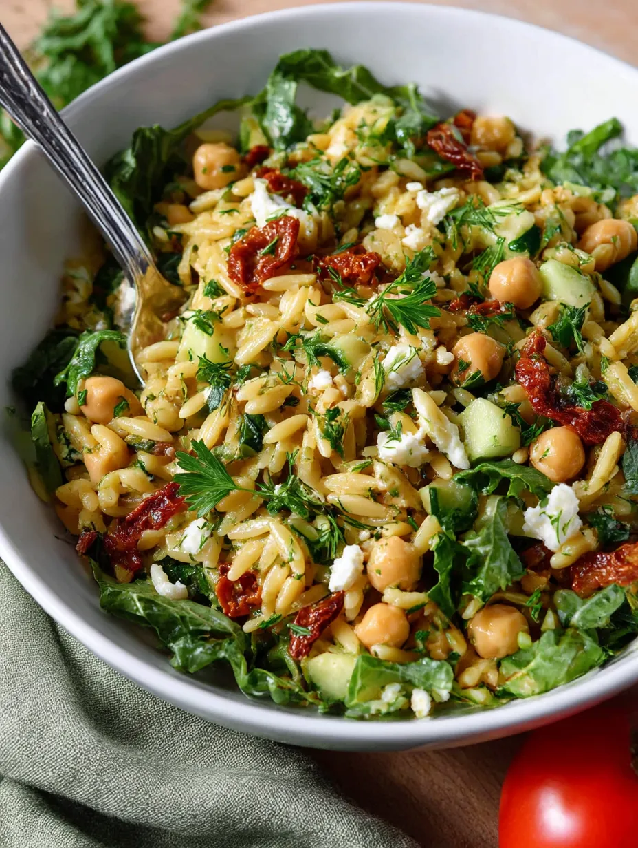 Sun dried tomato pesto orzo with feta and cucumber in a bowl.