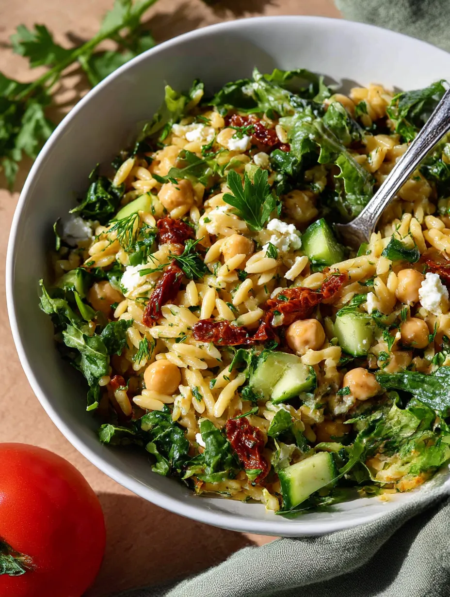 Bright sun dried tomato orzo with pesto in a serving bowl.