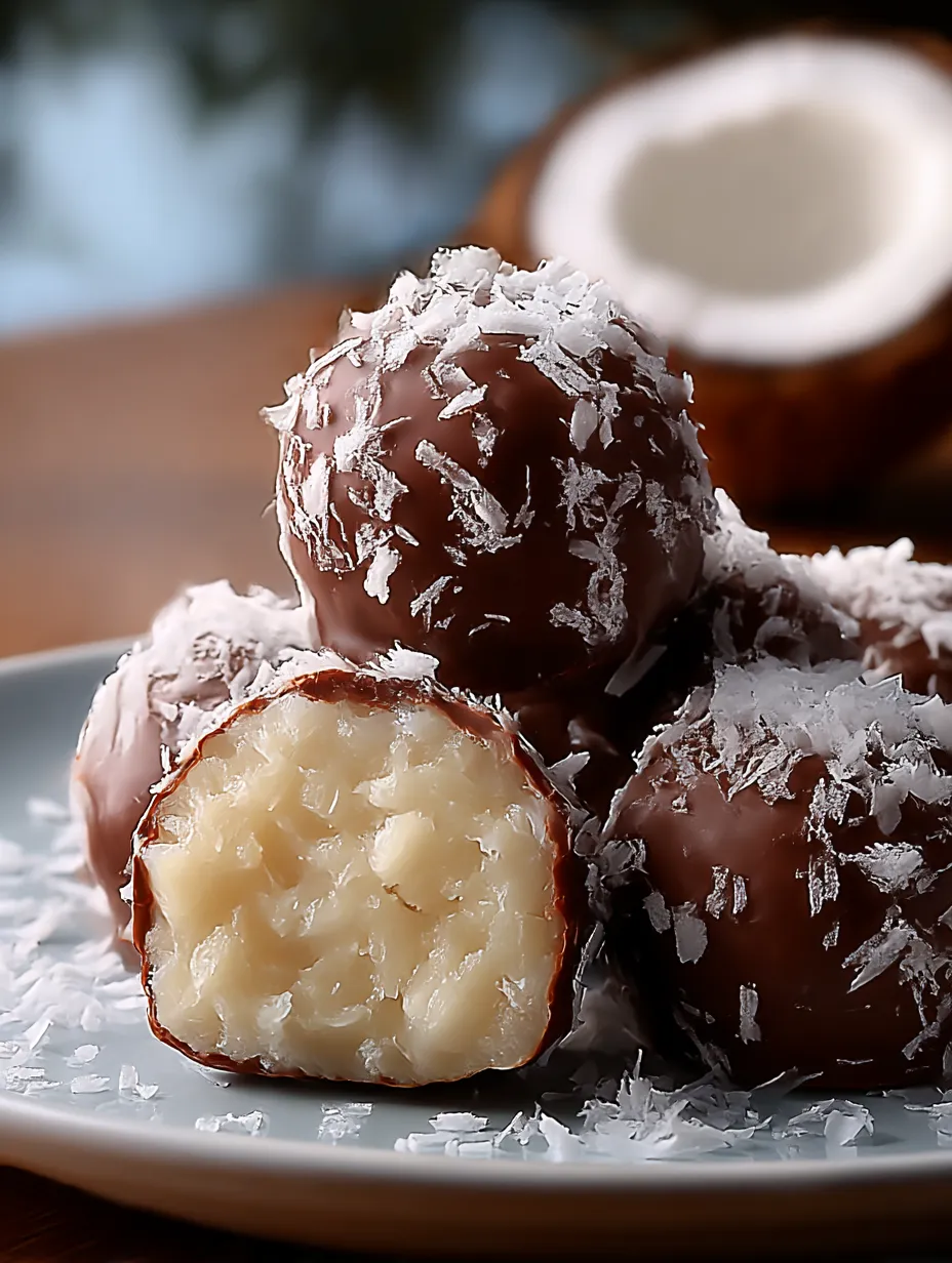 Chocolate dipped coconut balls on a plate.