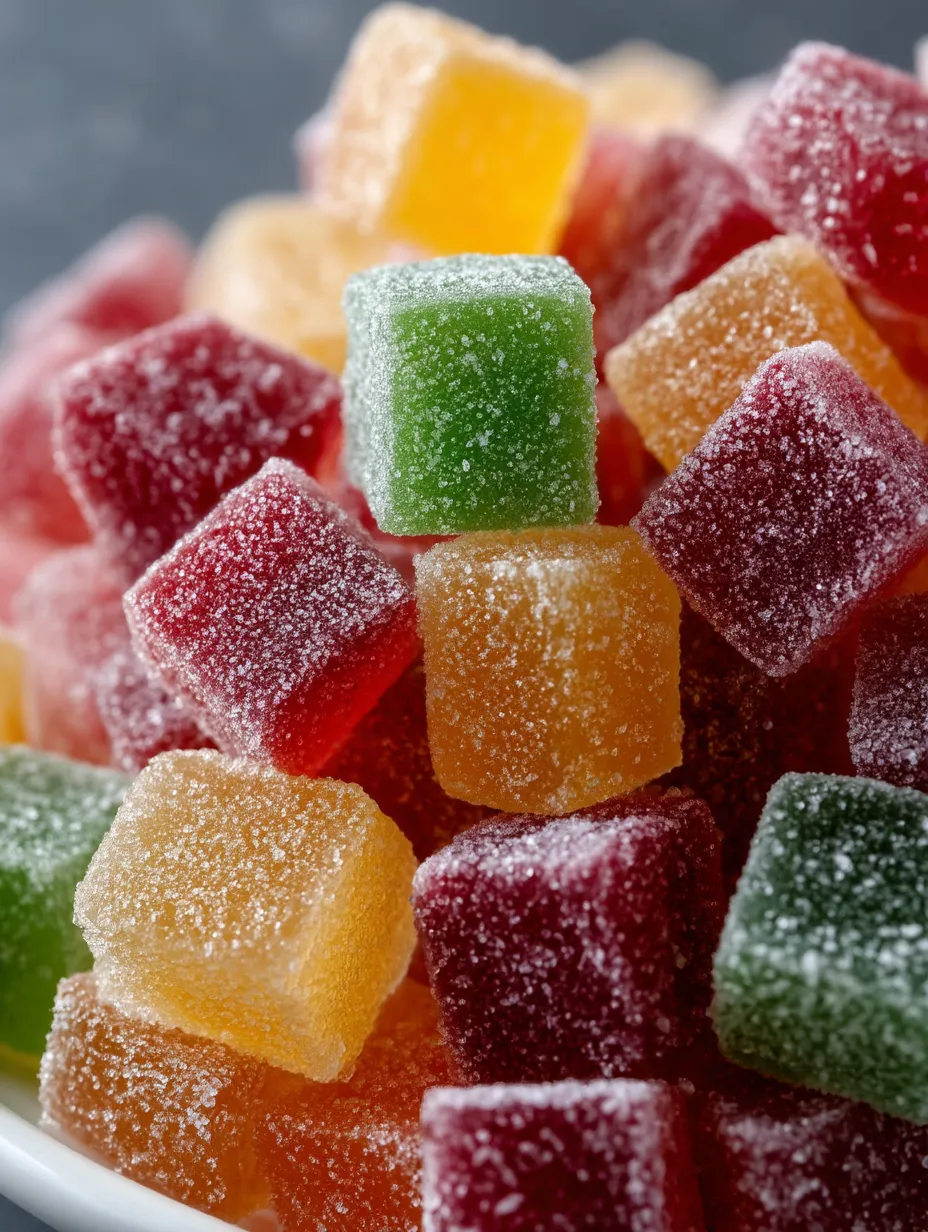 Red and green gumdrop squares in a pile.