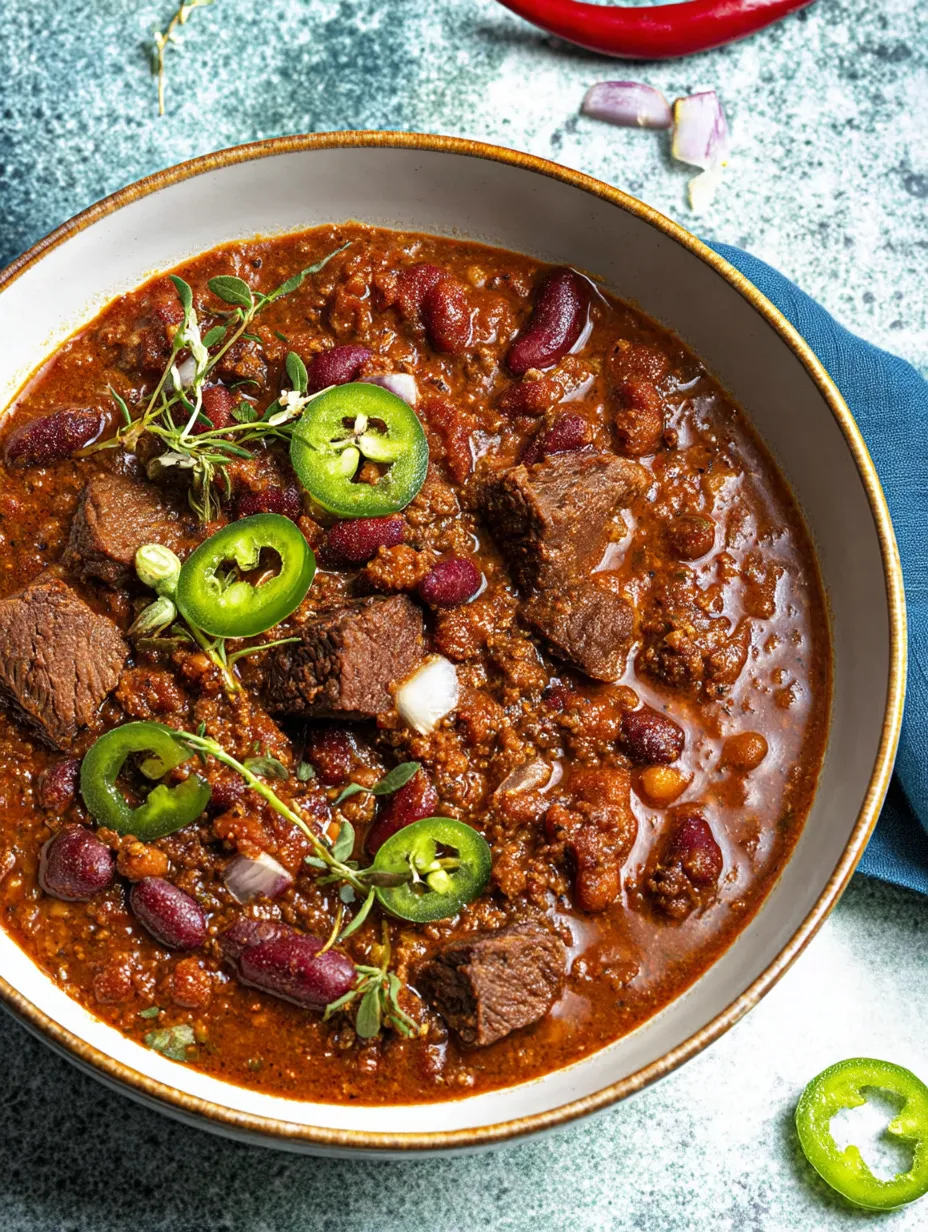 Steaming hot bowl of Short Rib and Chorizo Chili.