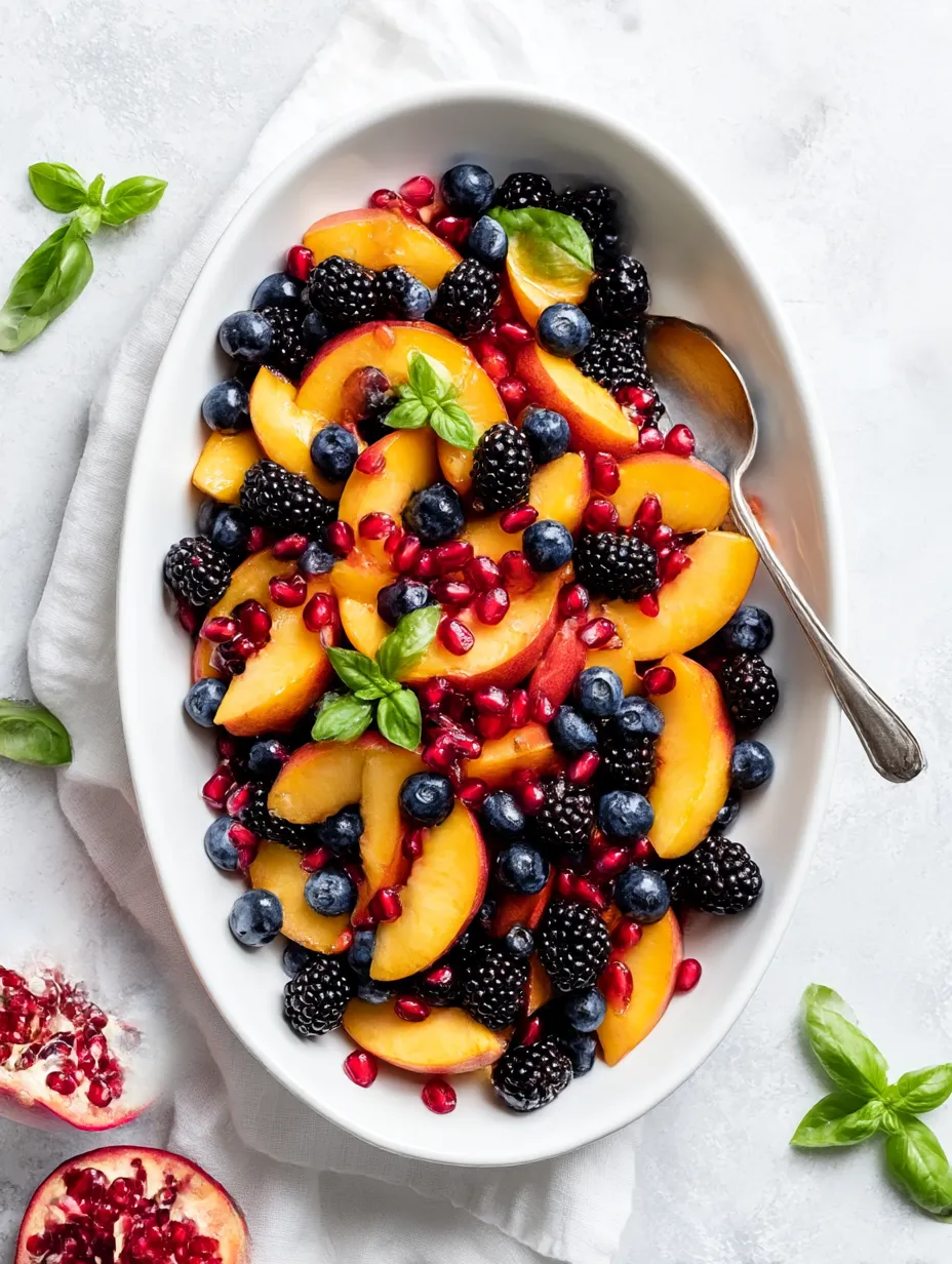 A colorful bowl packed with peaches, blueberries, and blackberries.