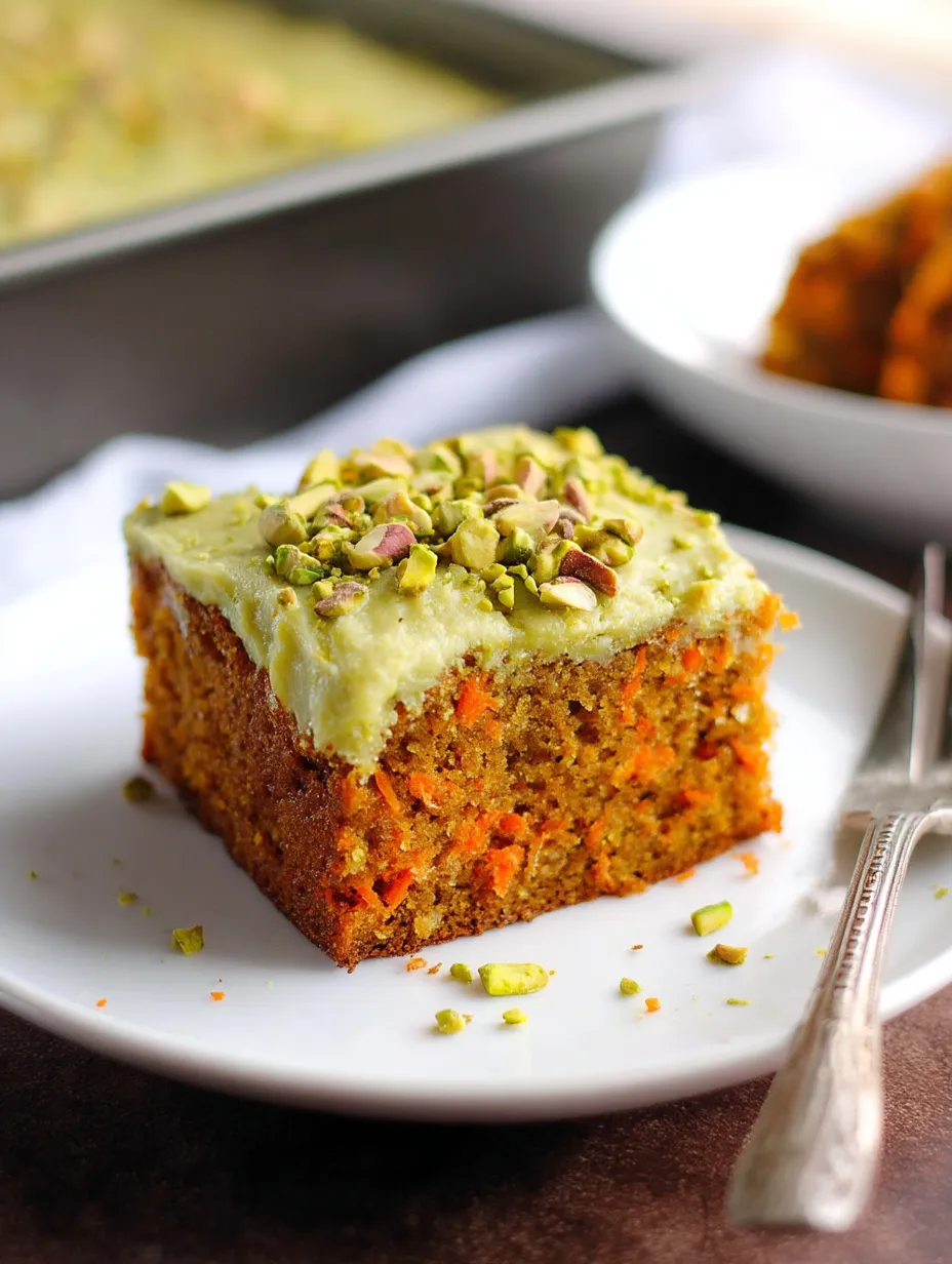 A thick slice of pistachio carrot cake with creamy frosting.