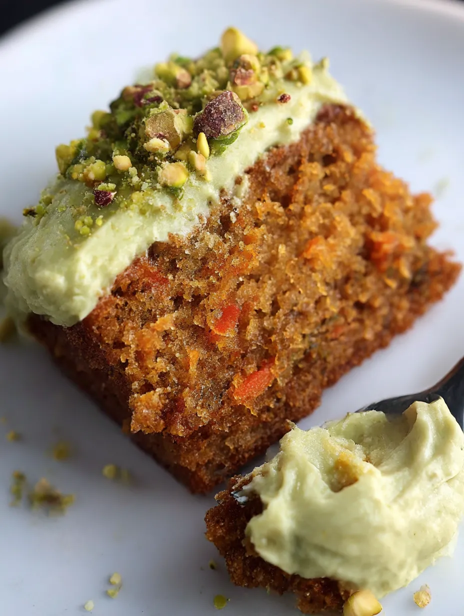 A fuss-free pistachio carrot cake topped with green nuts and creamy icing.