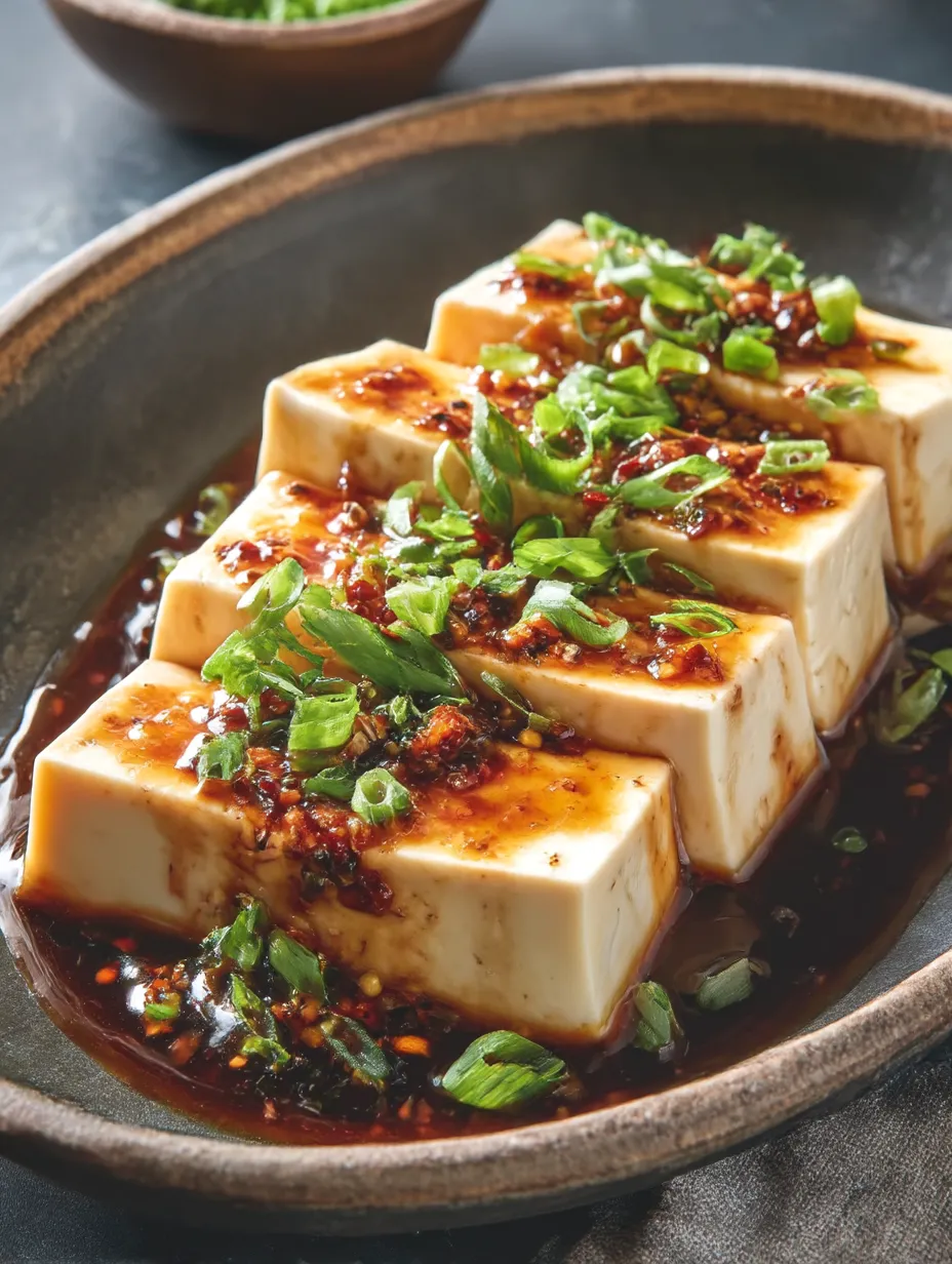 A bowl with Steamed Silken Tofu topped with Soy Garlic Sauce.