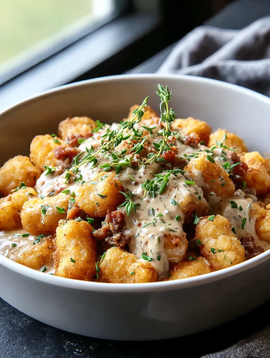 A bowl filled with tater tots smothered in sausage gravy.