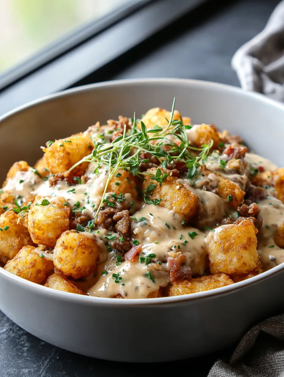 Bowl topped with tater tots, sausage gravy, and garnish.
