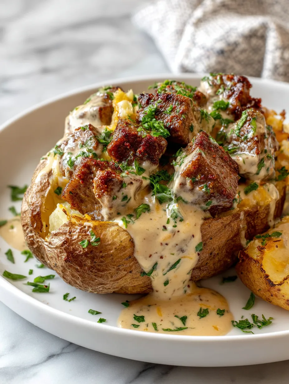 A plate of Loaded Baked Potato with Steak Bites.
