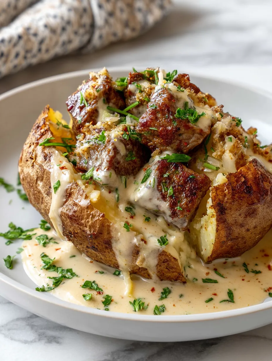 A plate of Loaded Baked Potato with Steak Bites.