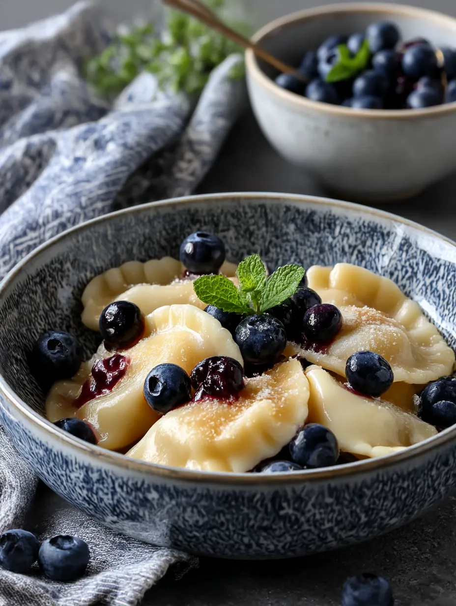 A bowl packed with pasta and blueberries on top.