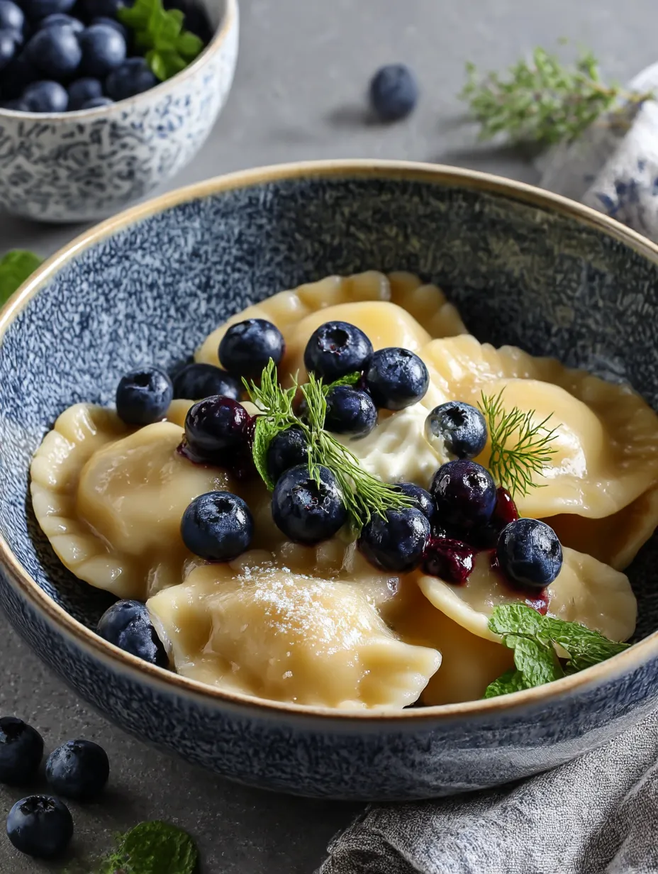 A bowl of pasta topped with blueberries and mint leaves.