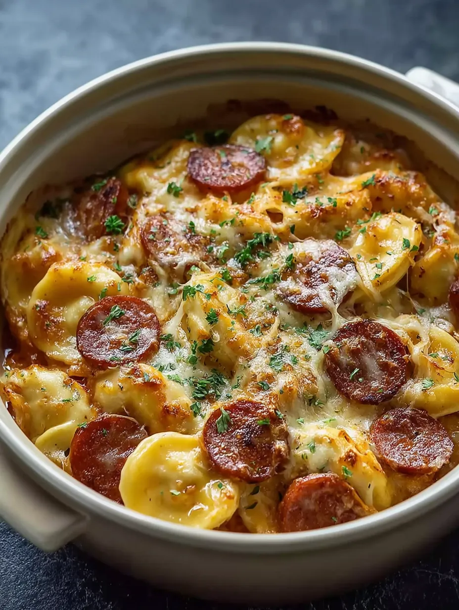 A bowl piled high with slow-cooked pierogi casserole and kielbasa.