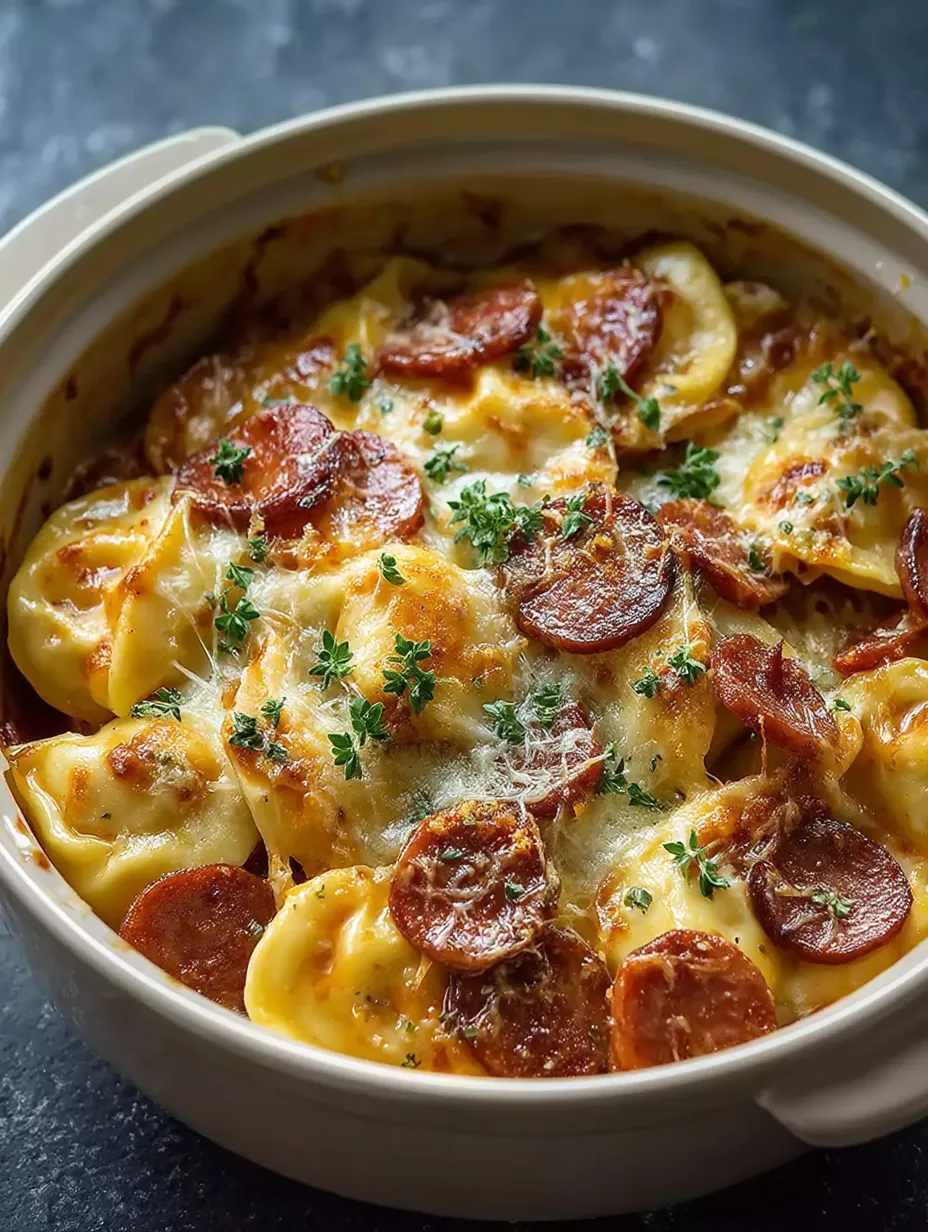 Super easy crockpot casserole piled with pierogi and kielbasa.