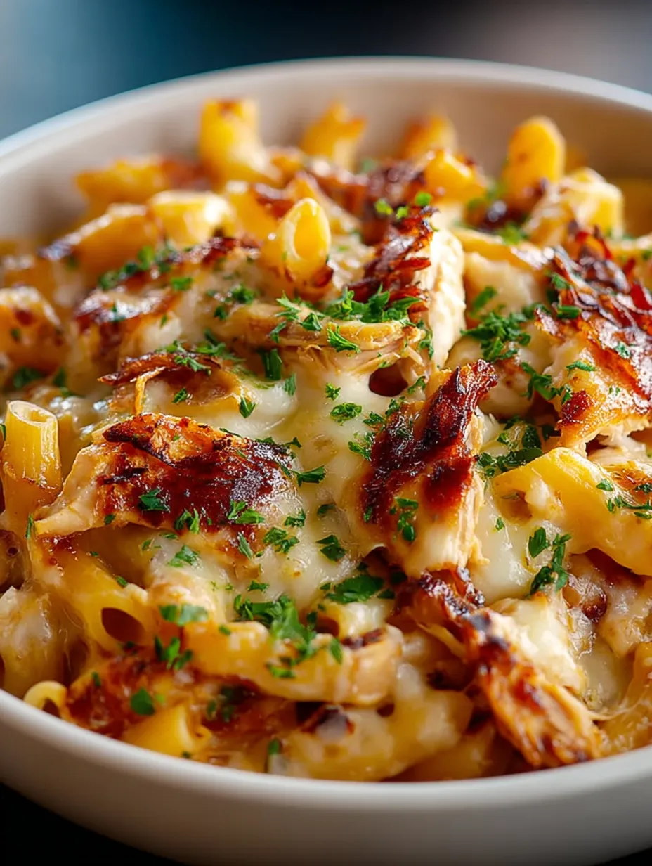 A bowl filled with creamy BBQ chicken mac and cheese.