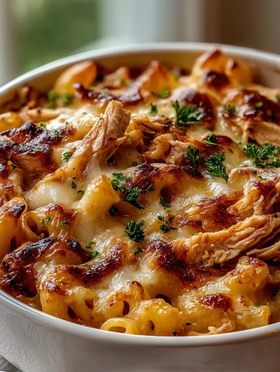 A closeup of creamy BBQ chicken mac and cheese in a bowl.