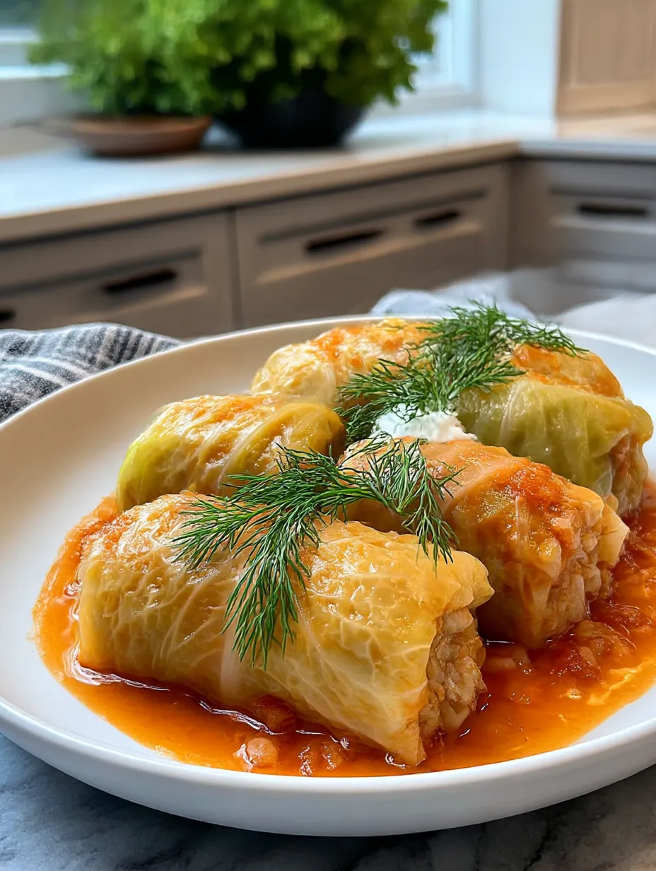A plate filled with Polish cabbage rolls topped with sauce, ready to eat.