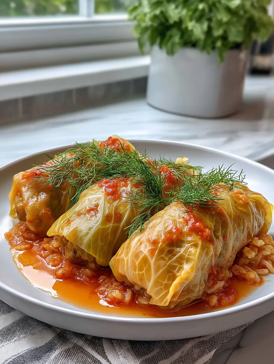 Stuffed cabbage rolls topped with tomato sauce and herbs, served on a white plate.