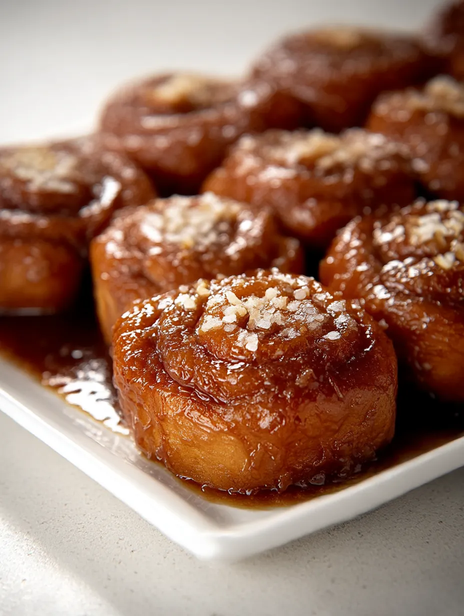 A plate stacked with Salted Pretzel Sticky Buns.