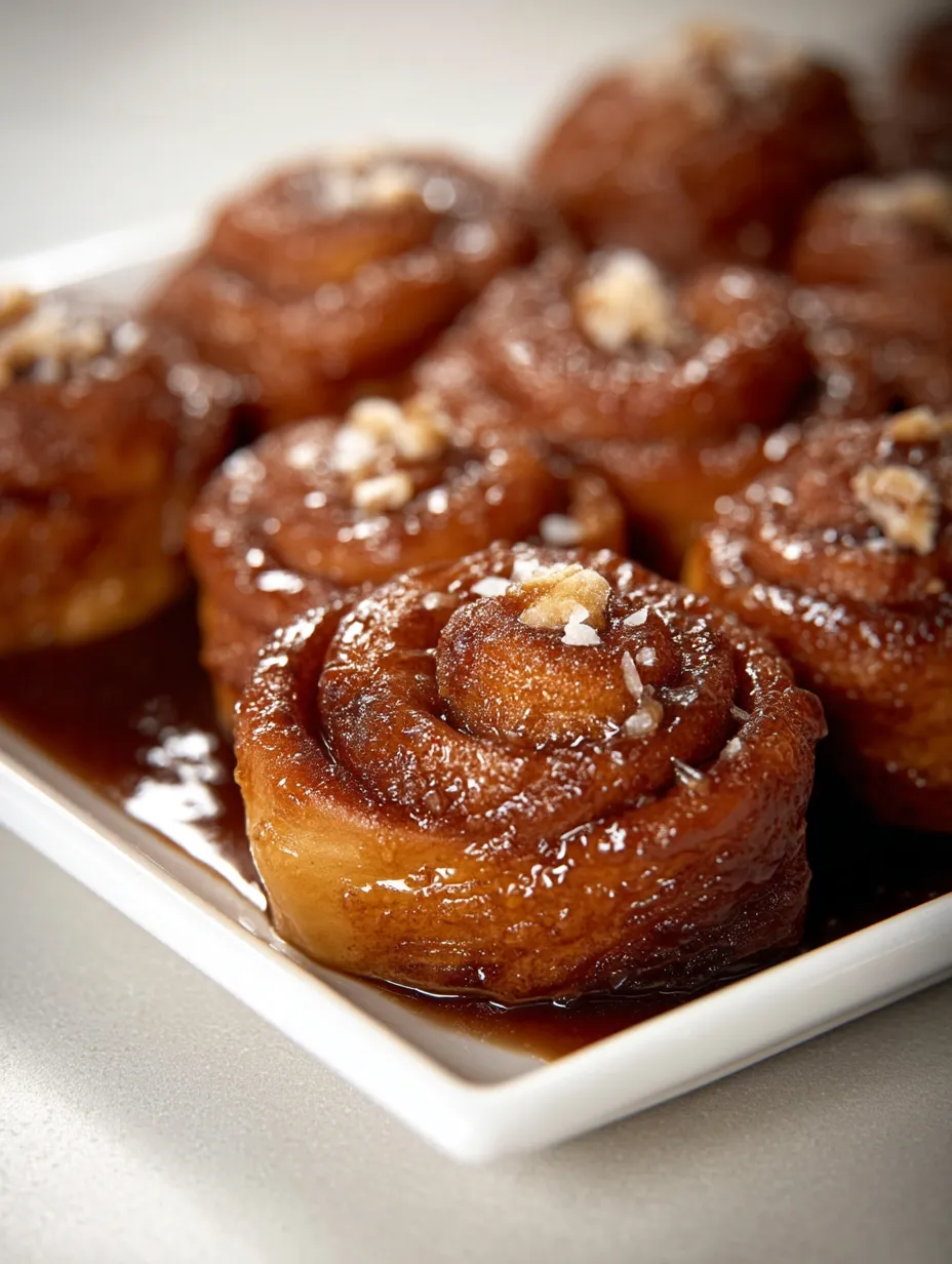 Salted Pretzel Sticky Buns stacked on a plate.