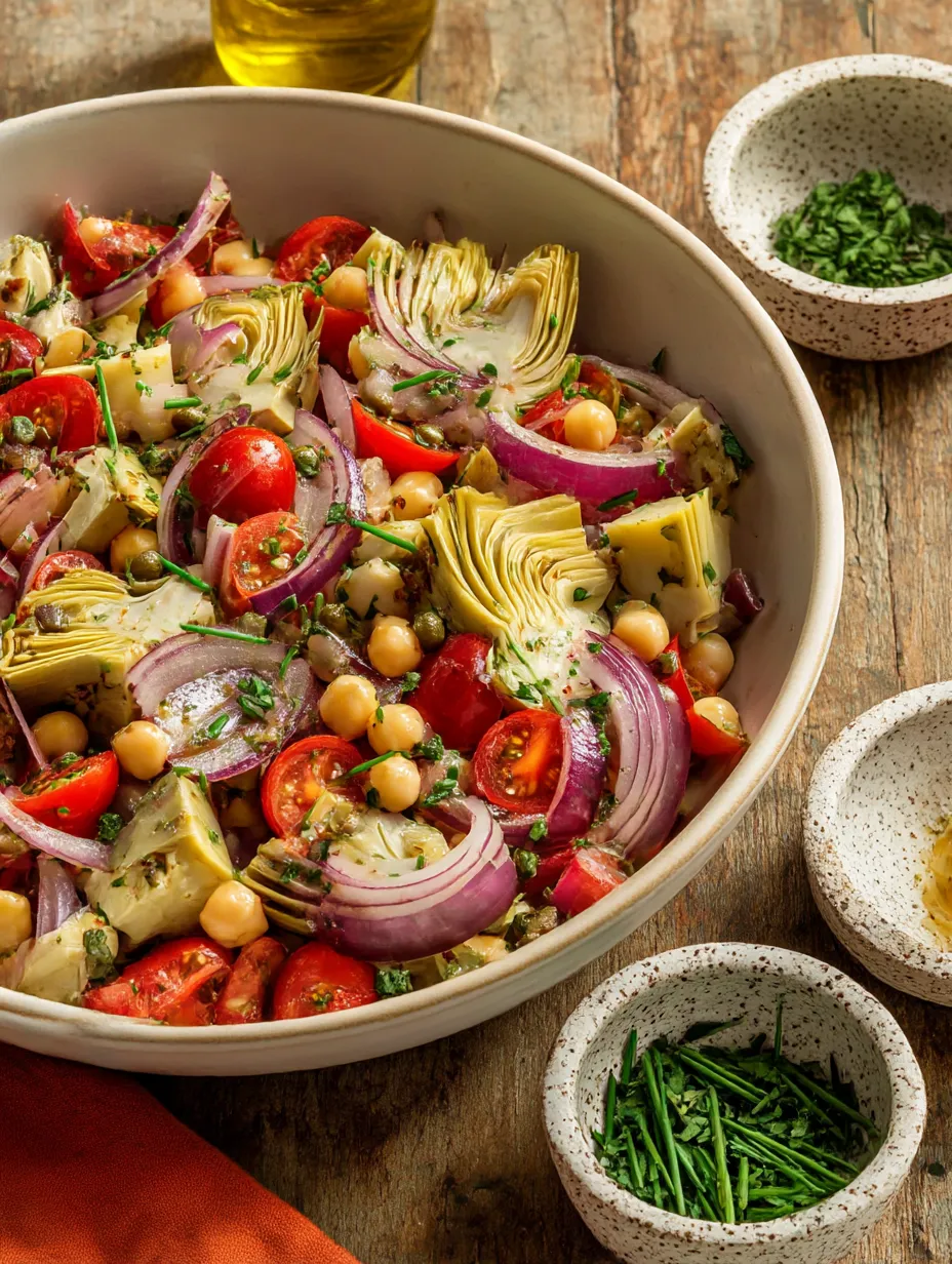 A bowl packed with Tuscan artichoke tomato salad.