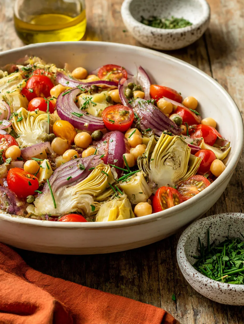 No-fuss Tuscan artichoke tomato salad in a bowl.