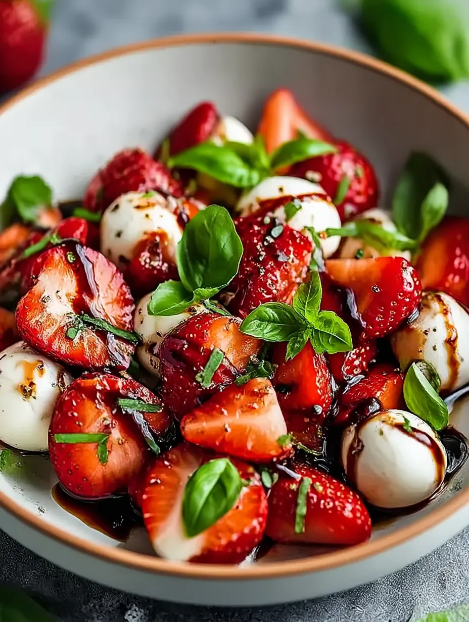 A bowl of Balsamic Strawberry Caprese Salad.