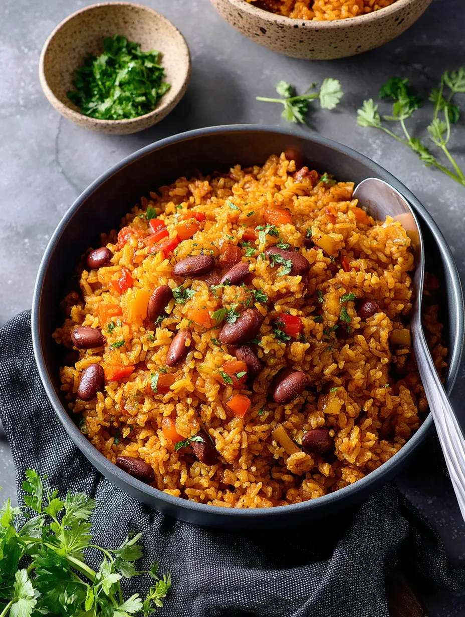 A bowl filled with Spanish Rice And Beans.